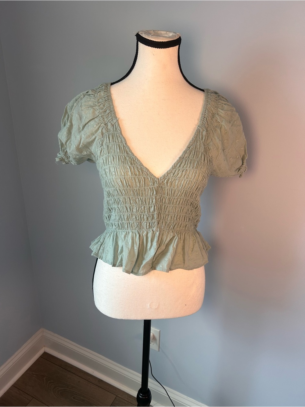 Smocked V-Neck Peplum Blouse in Sage Green